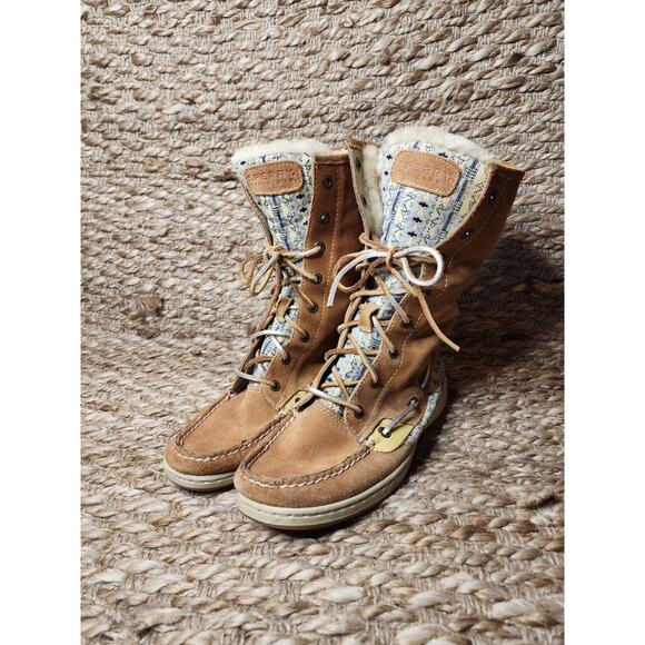 Sperry Top Sider Women's Brown Leather Lace Up Fold Down Fur Boots Size 7 M - Picture 3 of 12